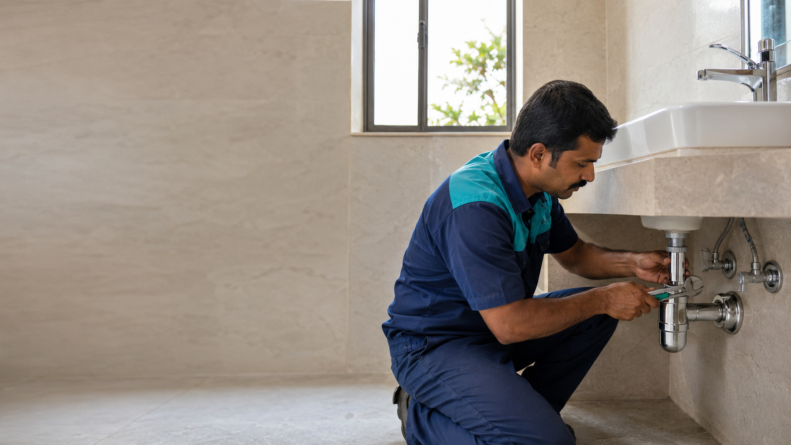 Professional plumber repairing a sink pipe